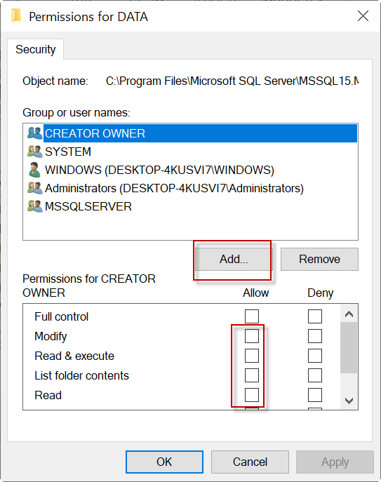 in properties of the folder of data files, go to the security tab and allow all permissions for user.