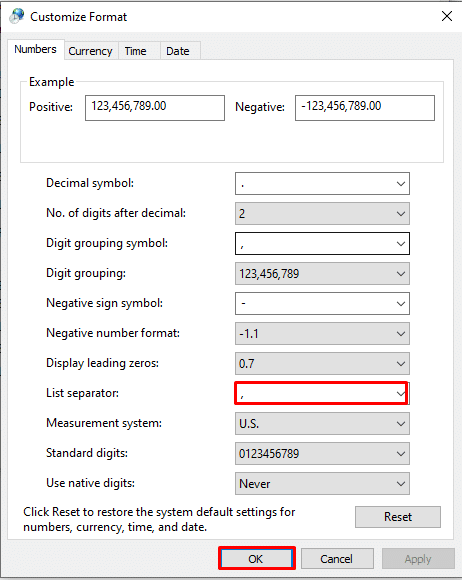 Image of Apply List Seperator In Customize Format Window