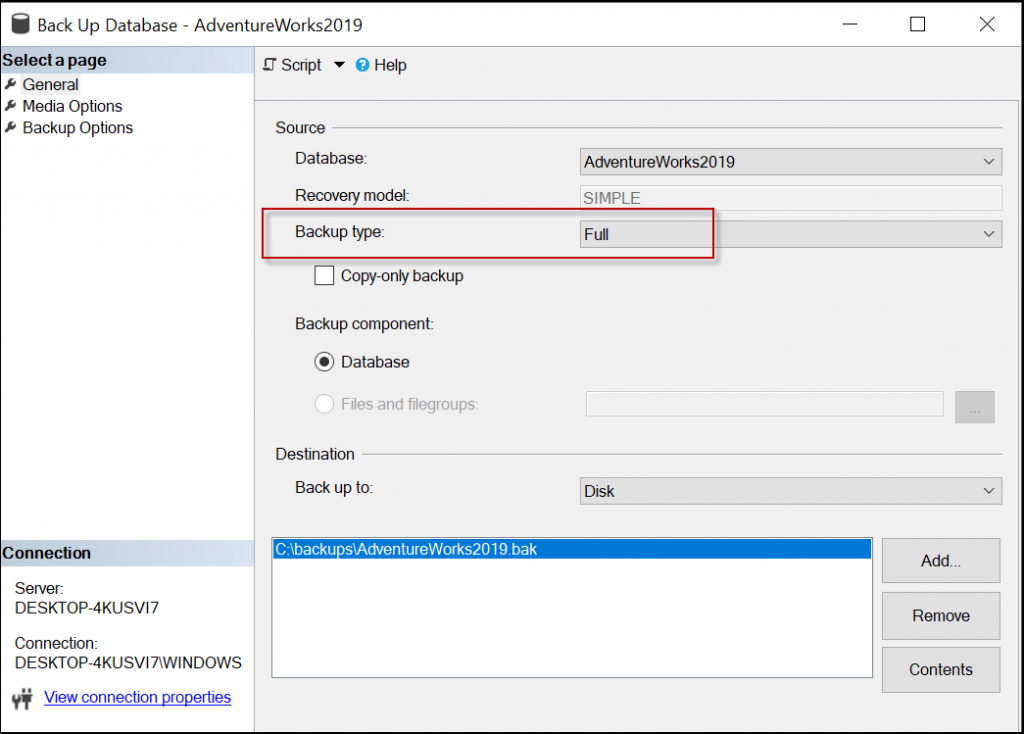 in backup database window, set backup type to Full and press OK to fix SQL Attach Database Error 9004