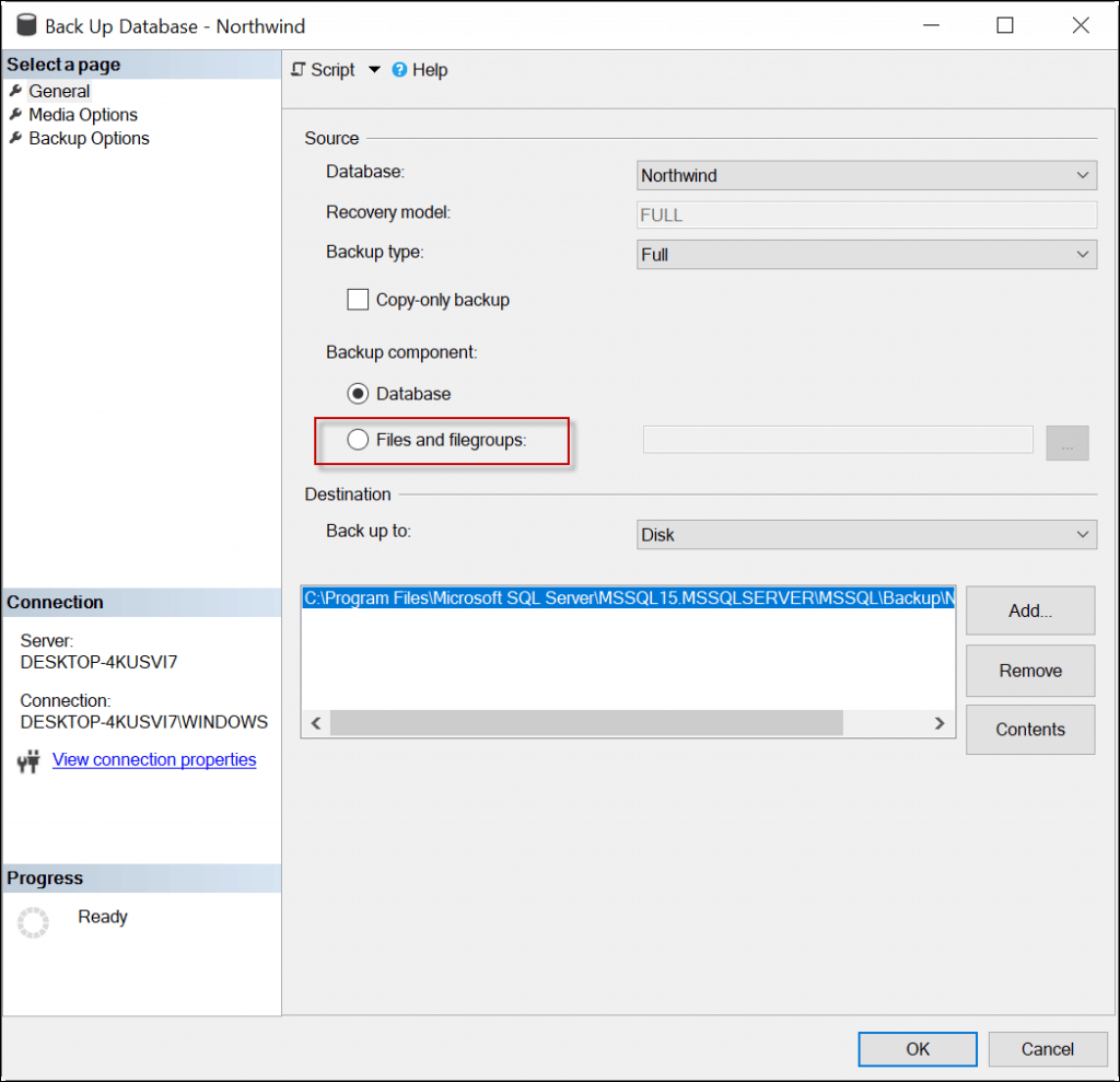 Image of selecting the backup component to Files and filegroups option