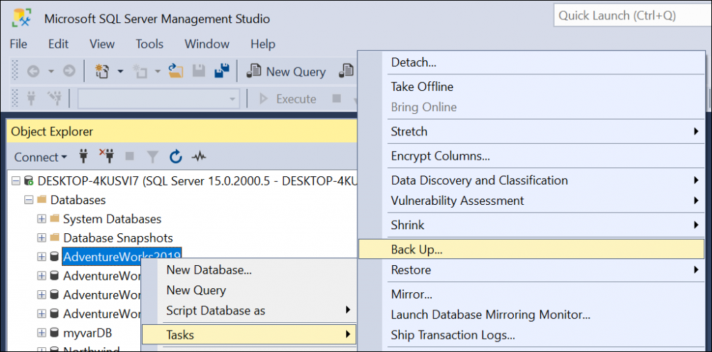 click on back up from tasks in object explorer window in the SSMS to fix SQL Attach Database Error 9004