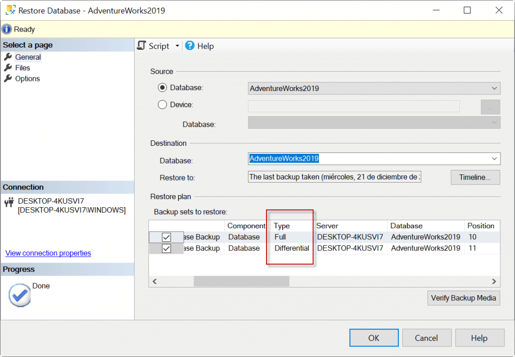 Image of how to select the database to restore from the Restore database window