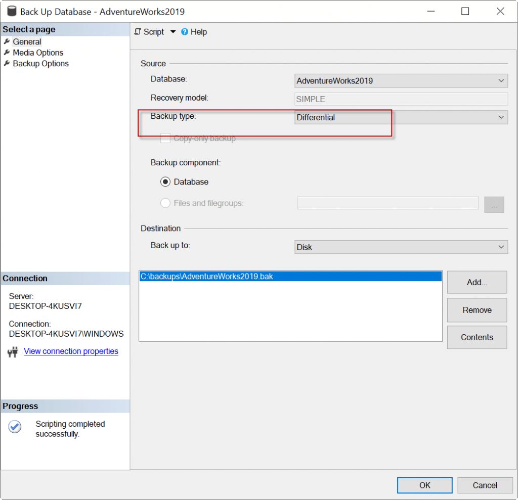 Image of how to set backup type to differential