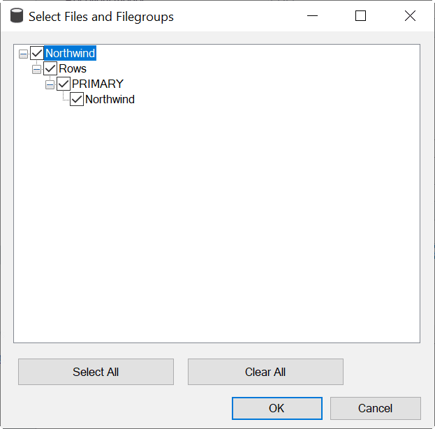 Image of checked files and filegroups that you want to back up