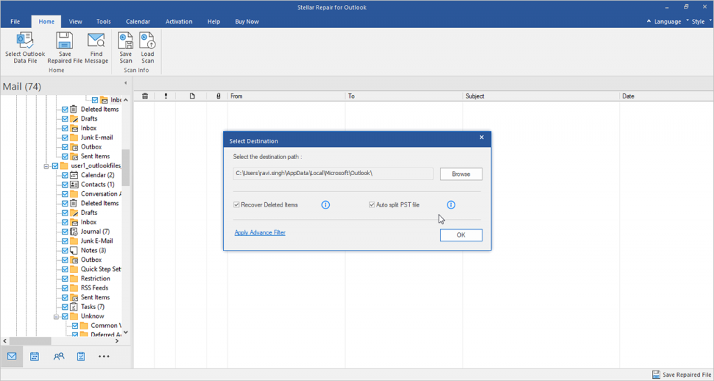 choose a location to save the repaired pst file