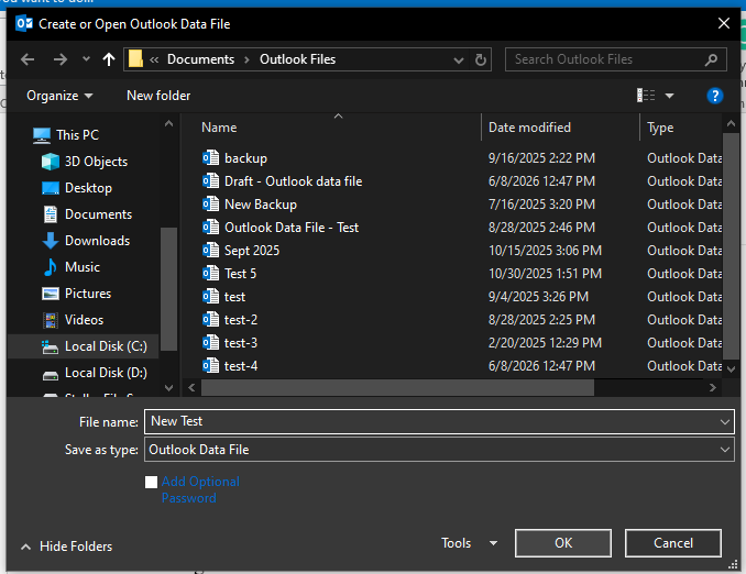 Select location to save the new pst file