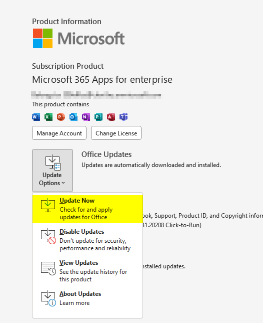 click update now to update outlook