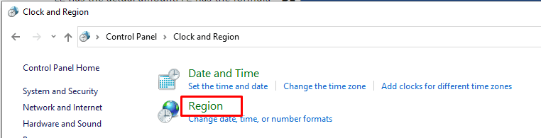 Image of Clock And Region Window in Control Panel to #Value! error in Excel