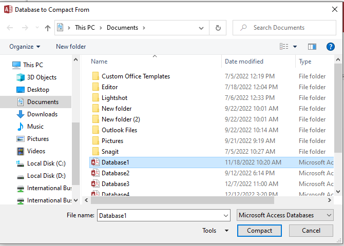 Database To Compact From Window