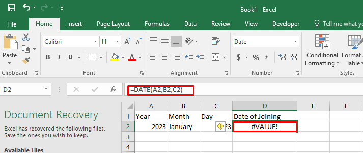 Image of #Value! error in Date Function