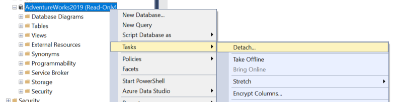 in object explorer, detach your db from tasks