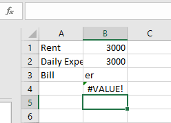 Image of #Value! error in Excel because of Wrong Text Value