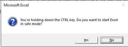 Image of opening Excel In Safe Mode Window to fix the unexpected error