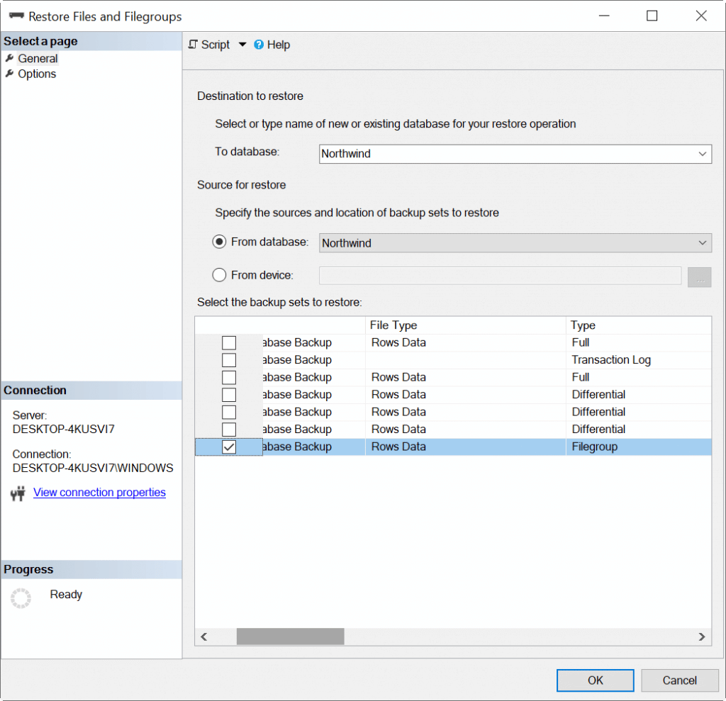 Image of how to select the backup sets to restore from Restore Files and Filegroups window