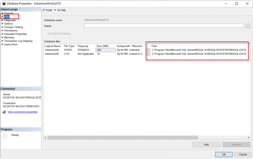 Select the files page to view path of log and data files