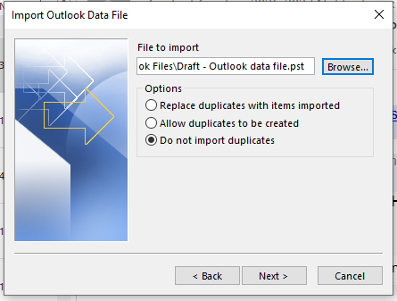 select the pst file to import and merge in outlook