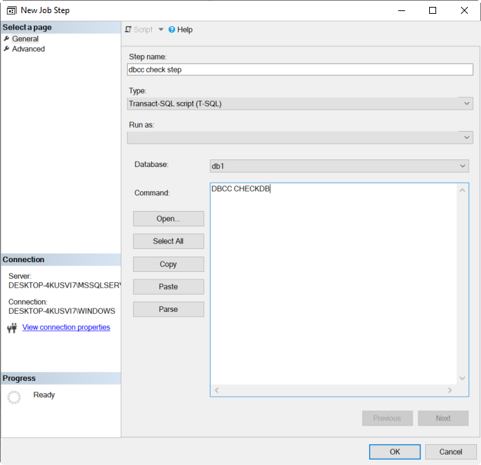  In New Job Step Window use the dbcc command. Press OK.