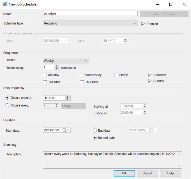 Write a new schedule name. You can run the job weekly, daily, or hourly. You can also specify the start time.