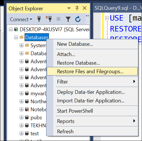 Image of how to restore Files and filegroups from Object Explorer in SSMS