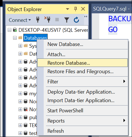 Image of how to Restore a database from Object Explorer in SSMS