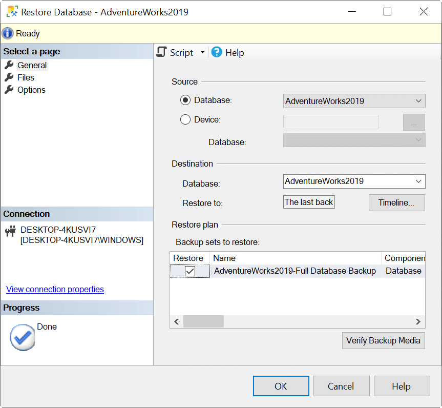 Image of which backup sets to restore from Restore Database window