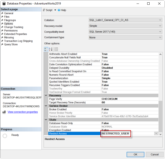 under database properties, go to options page and restrict access