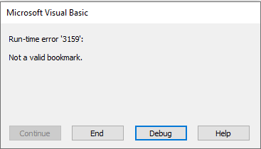 Runtime Error 3159 Not A Valid Bookmark Error Message