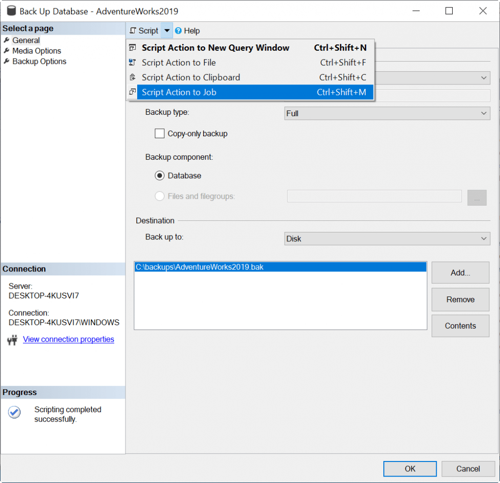 Image of how to schedule to run a backup. Create a backup in SSMS and select Script > Script action to Job