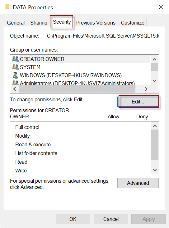 right click on folder with data files and click on properties. 
Go to security tab and click on edit.