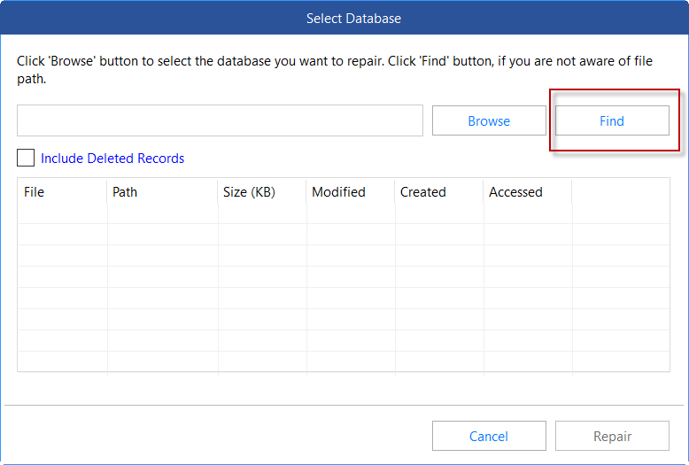 on the select database window of the software, click on Find to find your database.