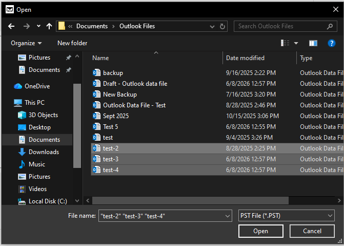 select the pst files that you want to merge