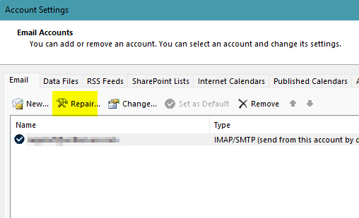 select the email and click repair