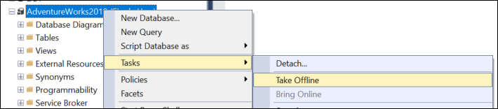 Take database offline by right-clicking on database in SSMS