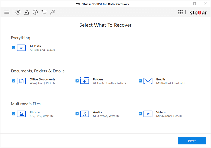 stellar data recovery toolkit - select data type