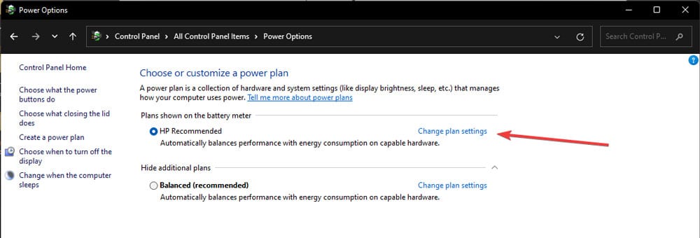 Change plan settings option