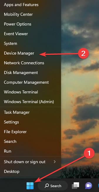 Device manager option in quick access menu