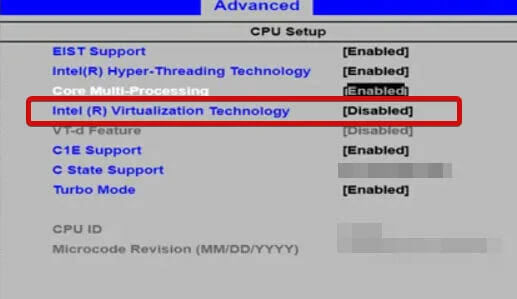 Check BIOS settings for inter virtualization technology