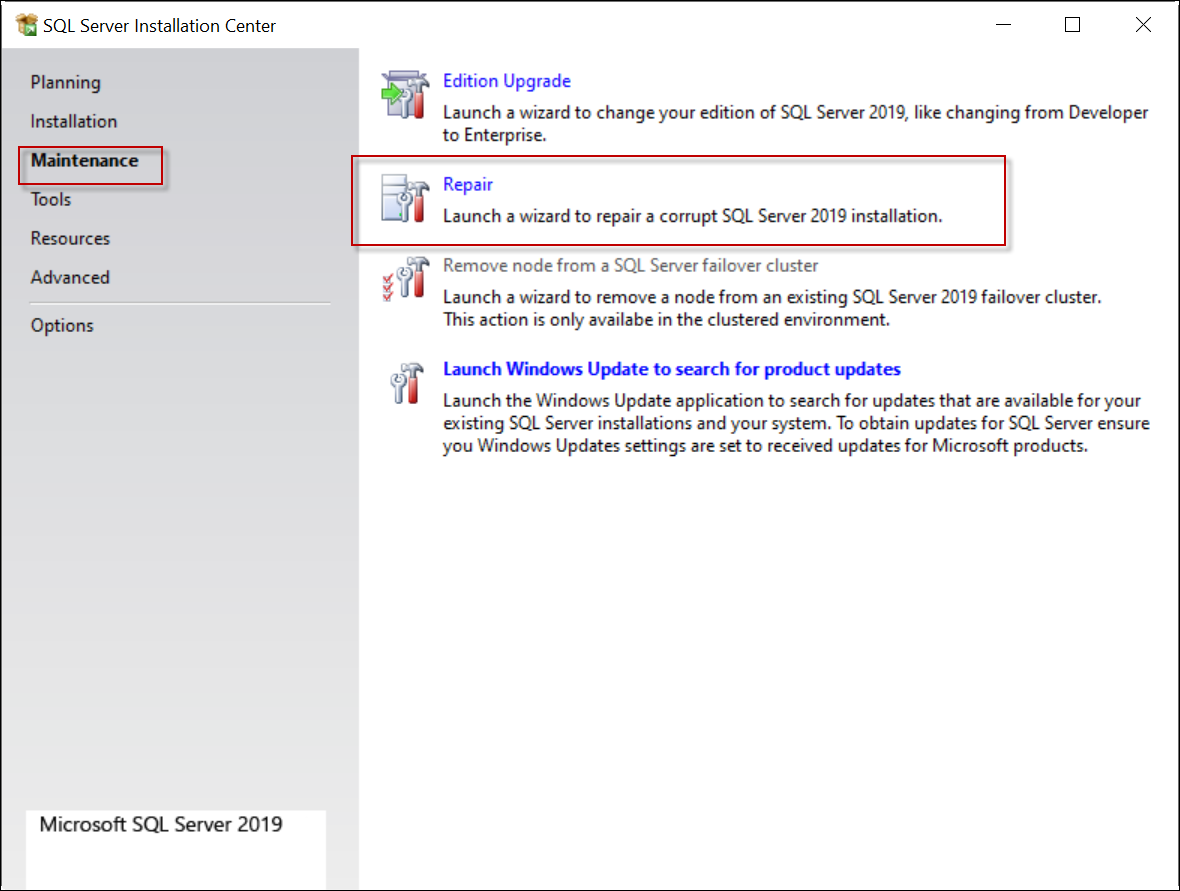 Image of Repair SQL Installation option to Fix Error 1067 in SQL Server