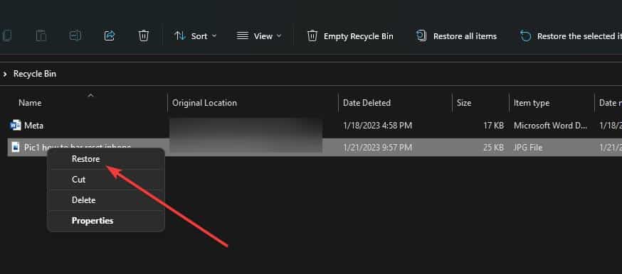 Restore option for files in recycle bin
