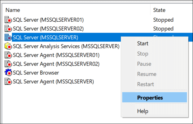Image of right-click on SQL Server instance and selecting Properties
