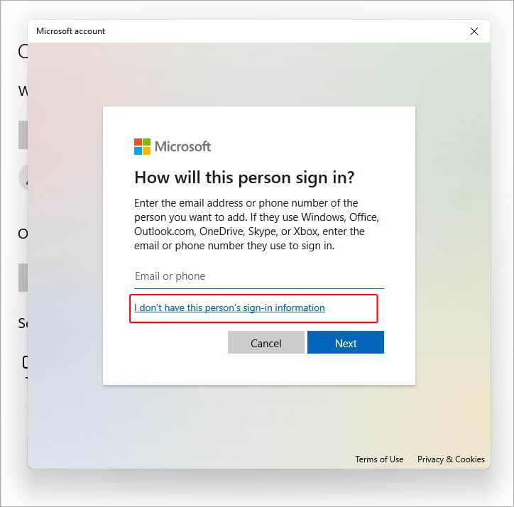0xc00d36cb - I don’t have this person’s sign-in information option