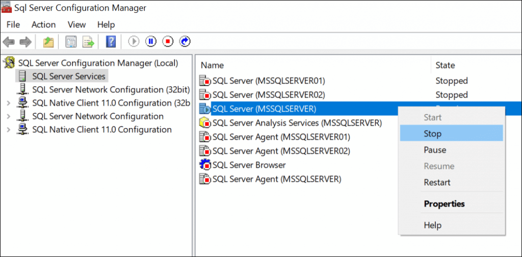 Image of SQL Server set to Stop under SQL Server Services