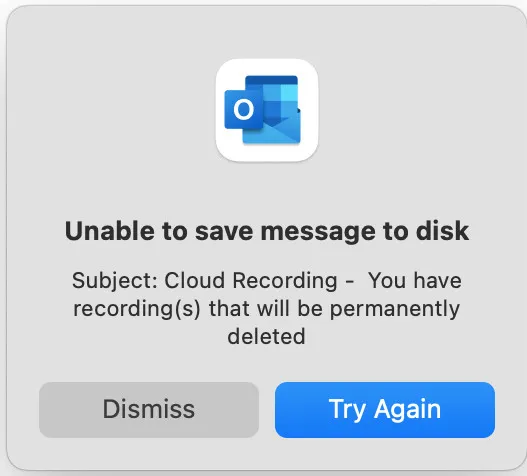 Unable To Save Message to Disk Screenshot
