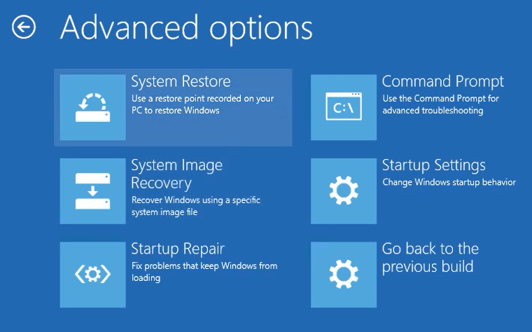 options avancées dans WinRE pour corriger l'erreur Driver verifier DMA Violation BSoD