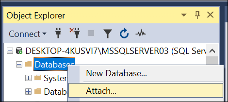 Image of Attaching database option to Fix Error 1067 in SQL Server