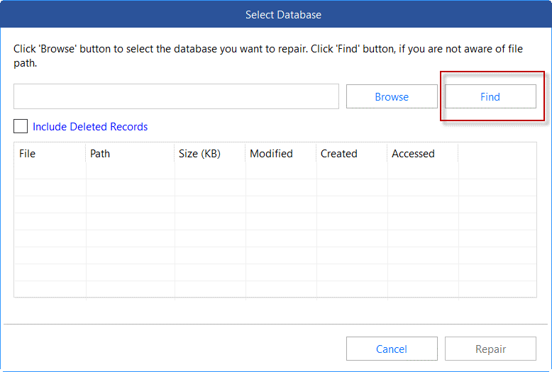 Find option to select corrupt SQL database in Stellar Repair for MSSQL
