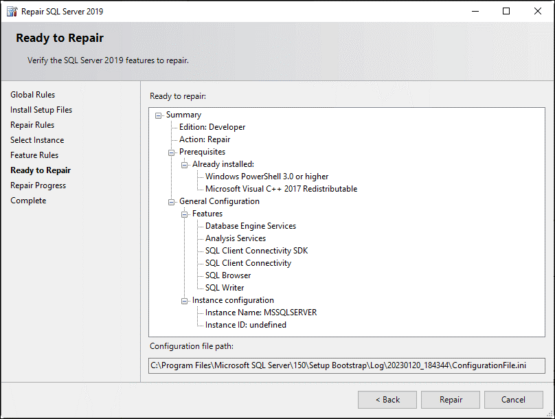 Repair on ready window to repair SQL server installation files