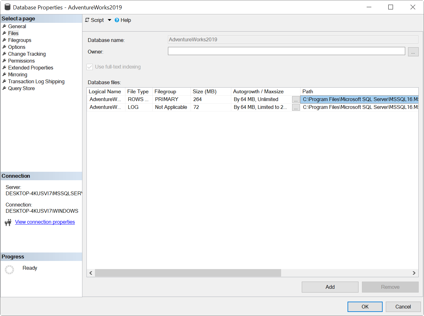 Image of Database Properties Path to Fix Error 1067 in SQL Server