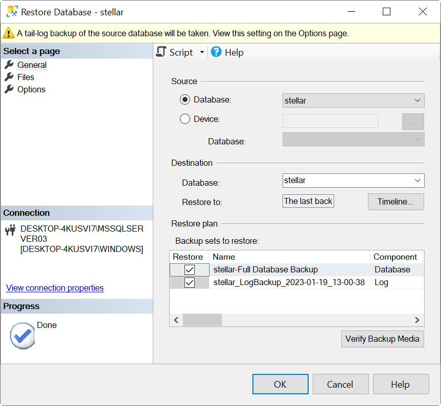 Image of backup sets to restore in restore database window 