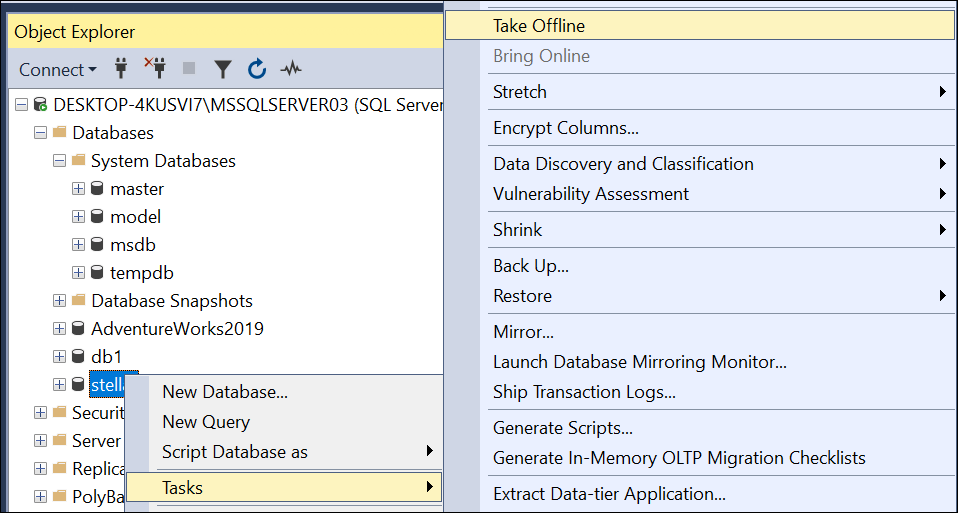 Image of database taken offline before proceeding to repair 